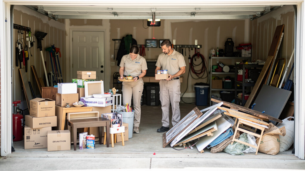 Junk Gorillas crew clearing out a cluttered garage in Germantown