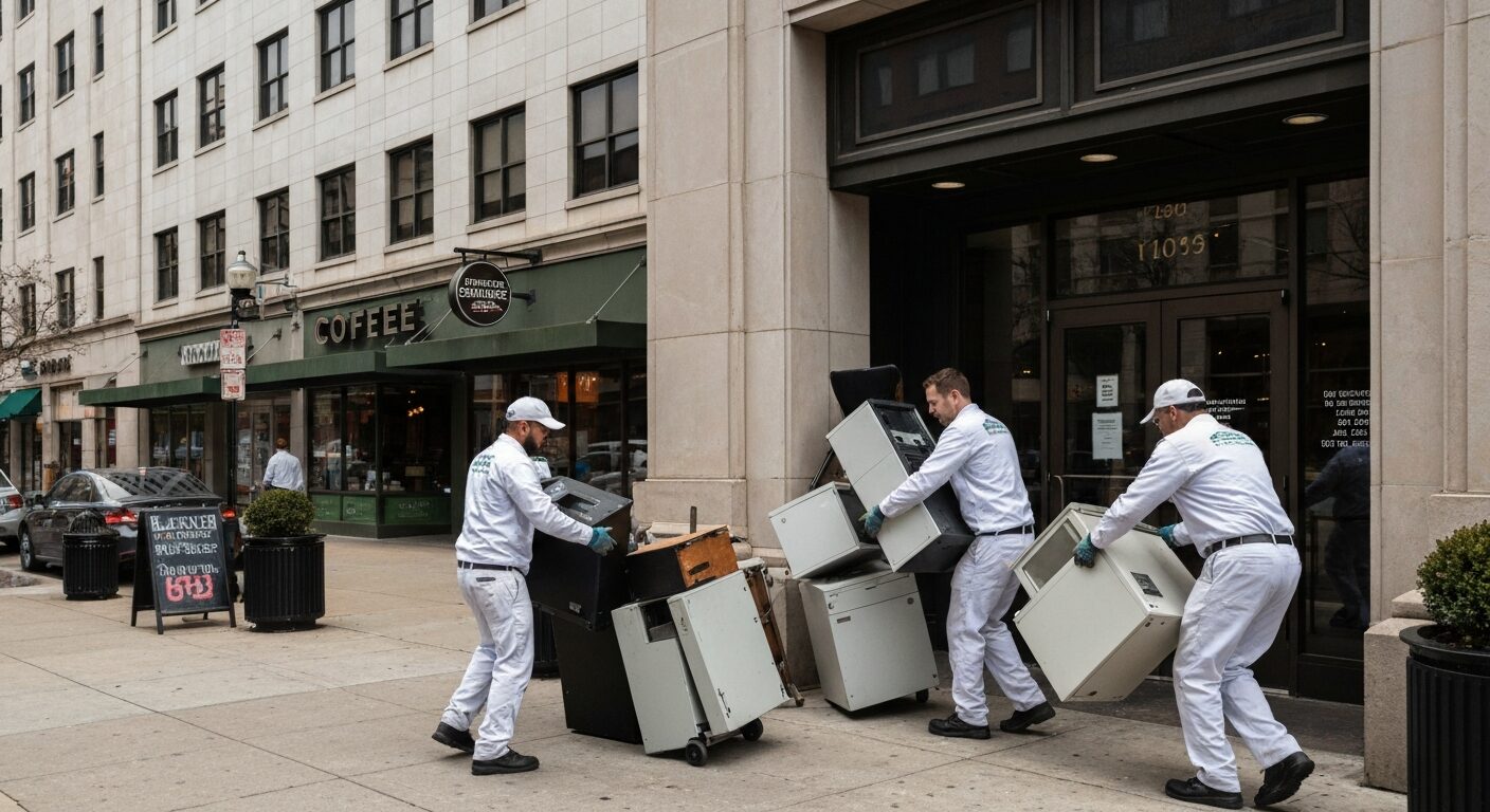 Junk Gorillas team removing a worn sectional sofa from a Rockville home