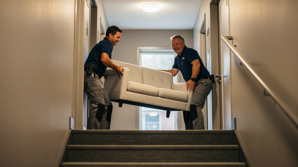 Efficient apartment cleanout crew removing furniture through hallway
