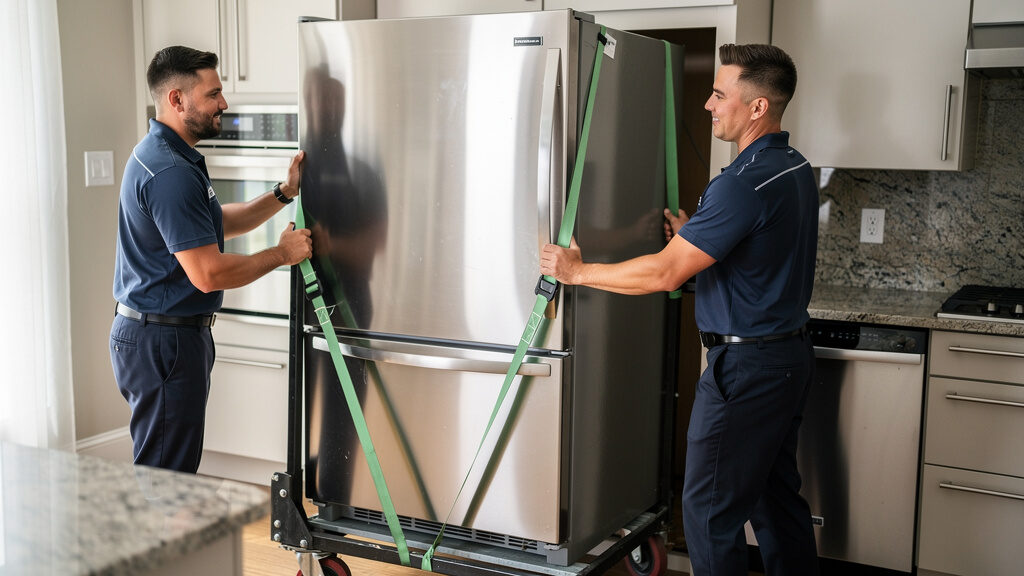Professional crew removing refrigerator from kitchen