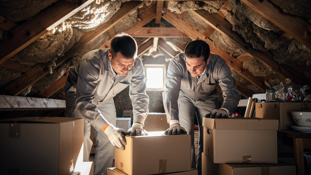 Attic cleanout showing boxes and stored items being carefully removed