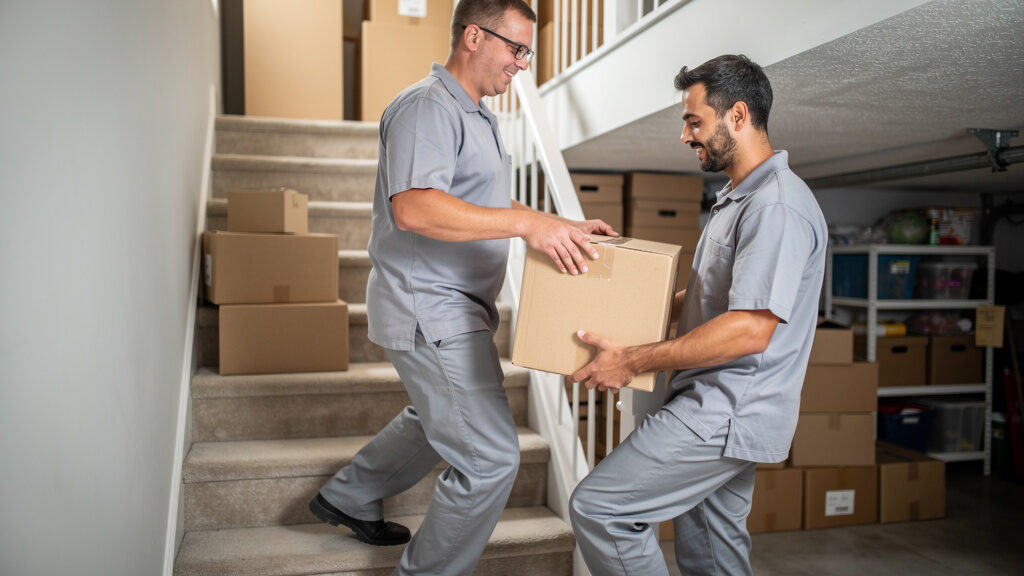 Basement cleanout showing packed shelves and stored items