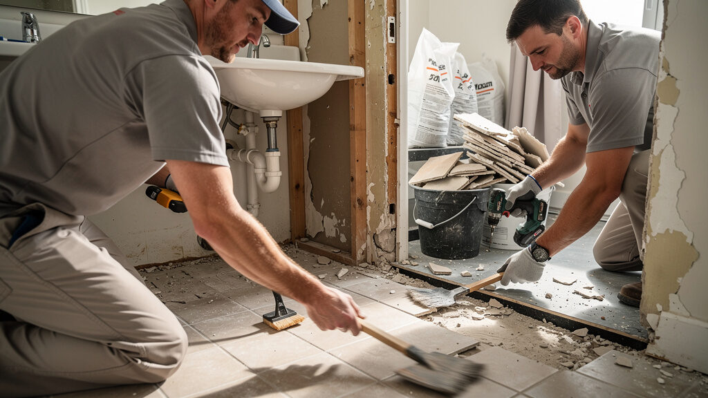 Bathroom demolition crew removing tile and fixtures in Potomac home