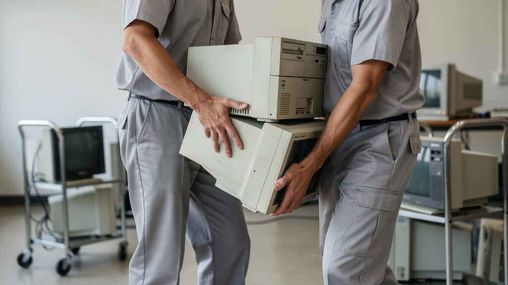 Crew collecting old computer equipment for recycling