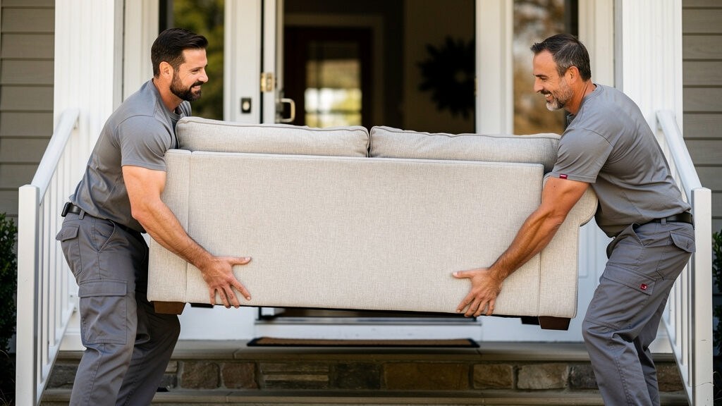 Furniture removal crew loading couch into truck