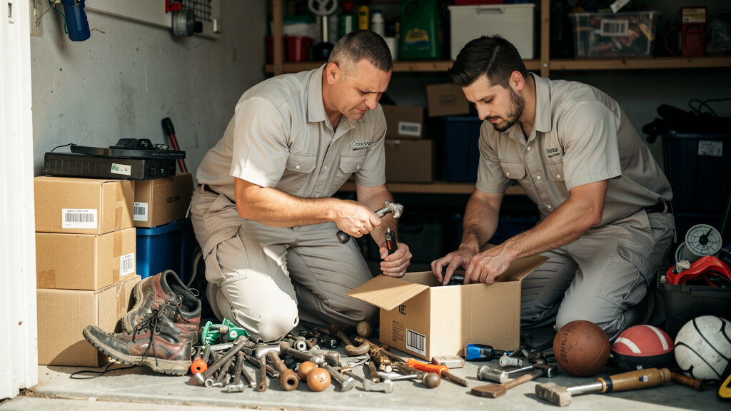 Garage cleanout showing cluttered shelves being cleared