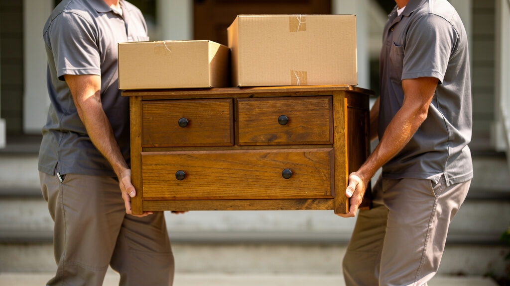 House cleanout in progress showing junk removal crew loading furniture