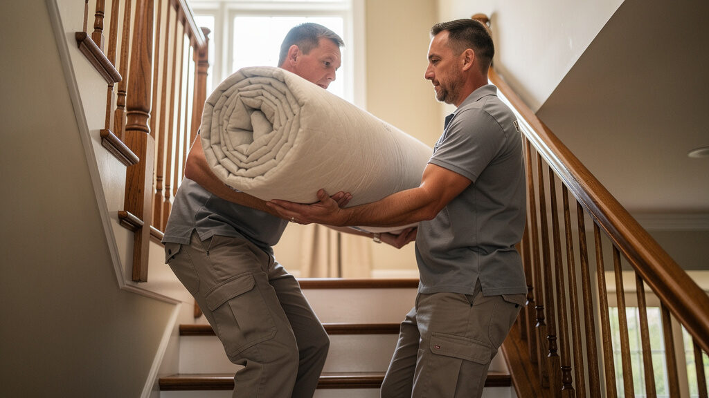 Crew removing mattress from bedroom