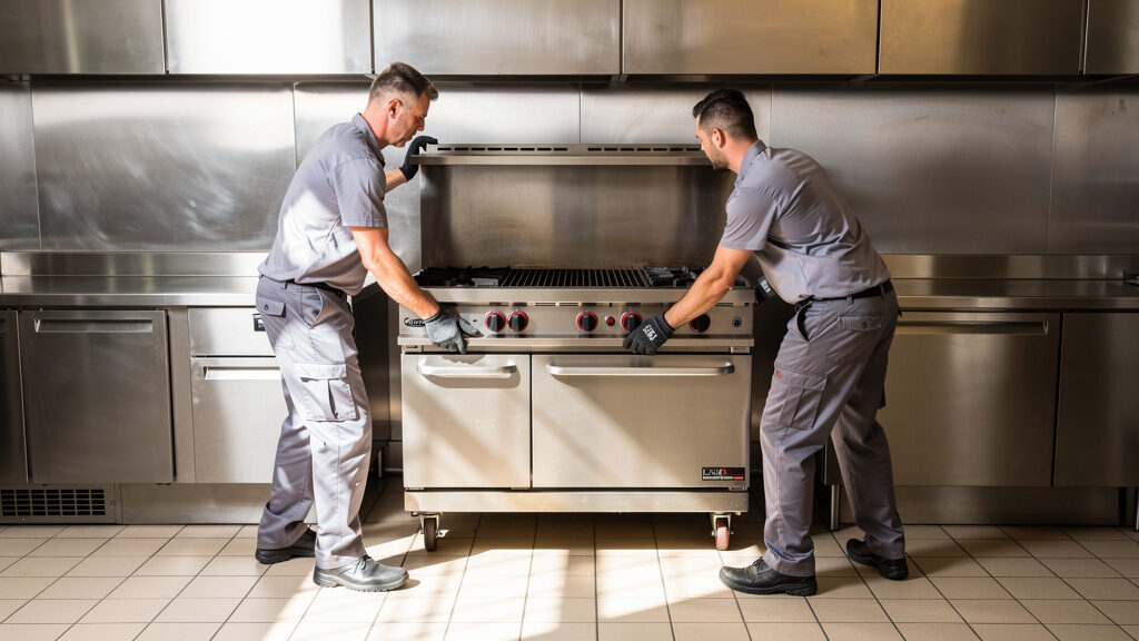 Commercial kitchen equipment being removed from restaurant