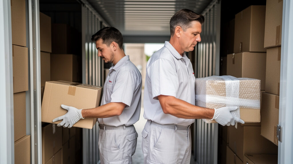 Storage unit cleanout showing full unit being systematically cleared