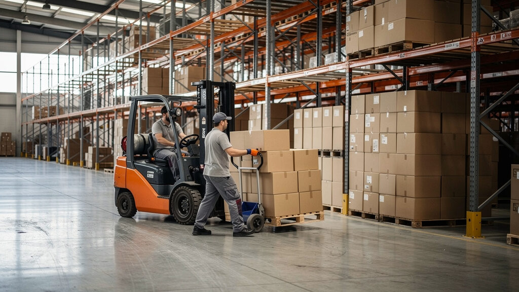 Large warehouse space with industrial shelving and materials
