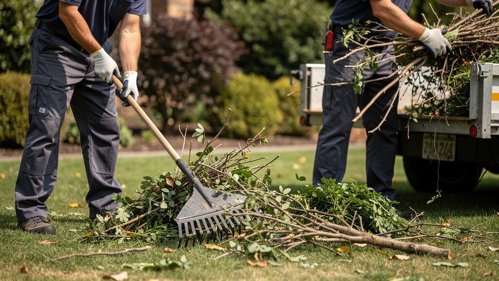 Professional crew removing tree branches from yard